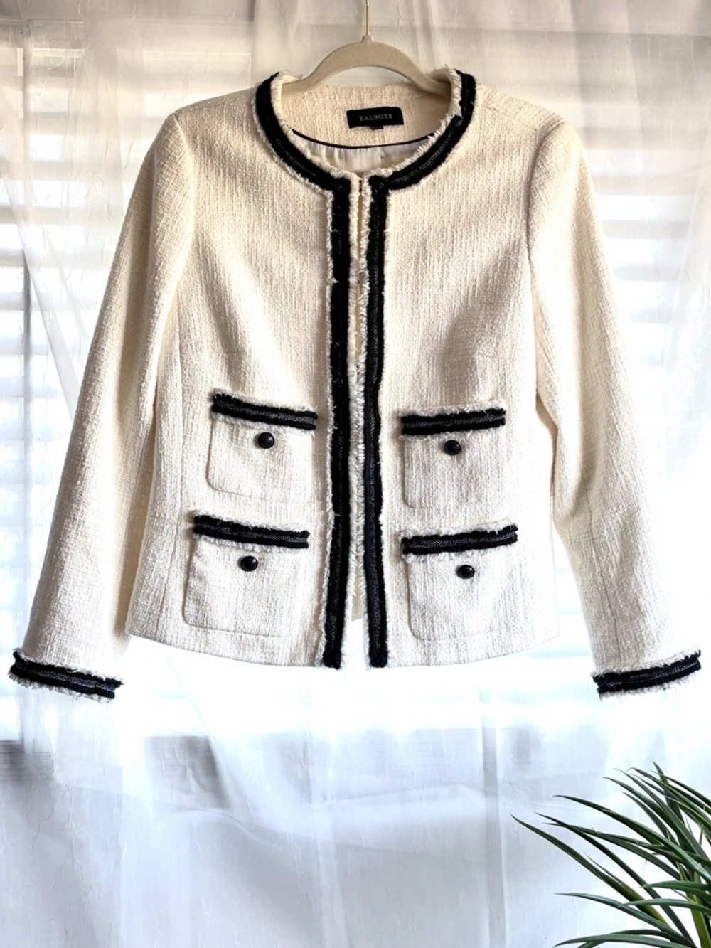 Talbots Chanel Inspired Cream Bouclé Jacket with Black Trim